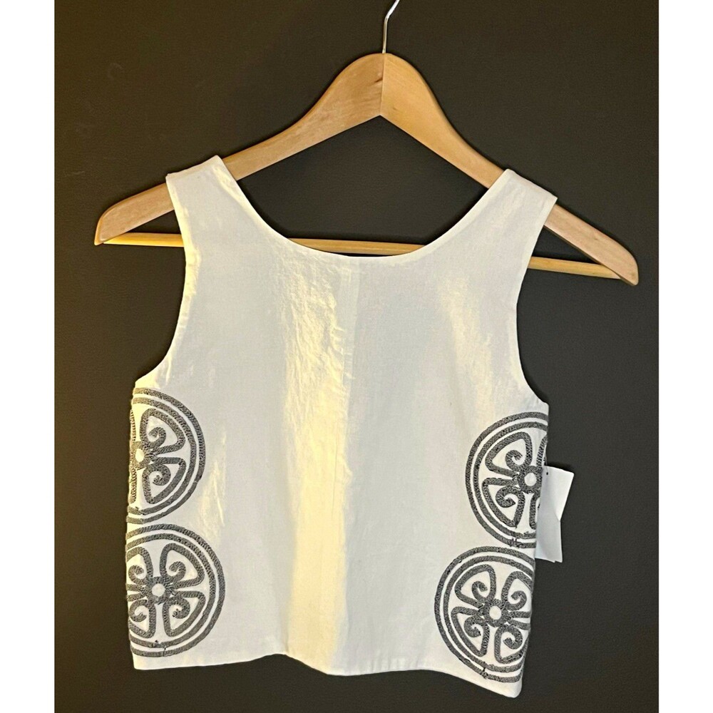 Habitual Girls 14 Off-White Smocked Ruffle Crop Tank Round Neck Logo Print